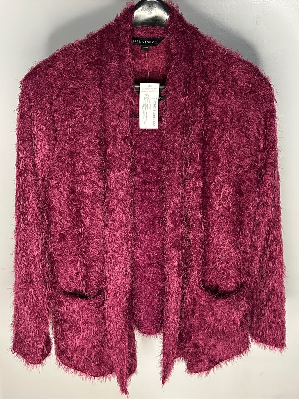 Colleen Lopez Fuzzy Open-Front Cardigan in Wine